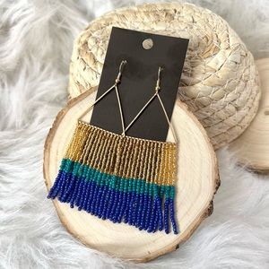 Gold and Blue Triangle Fringe Earrings